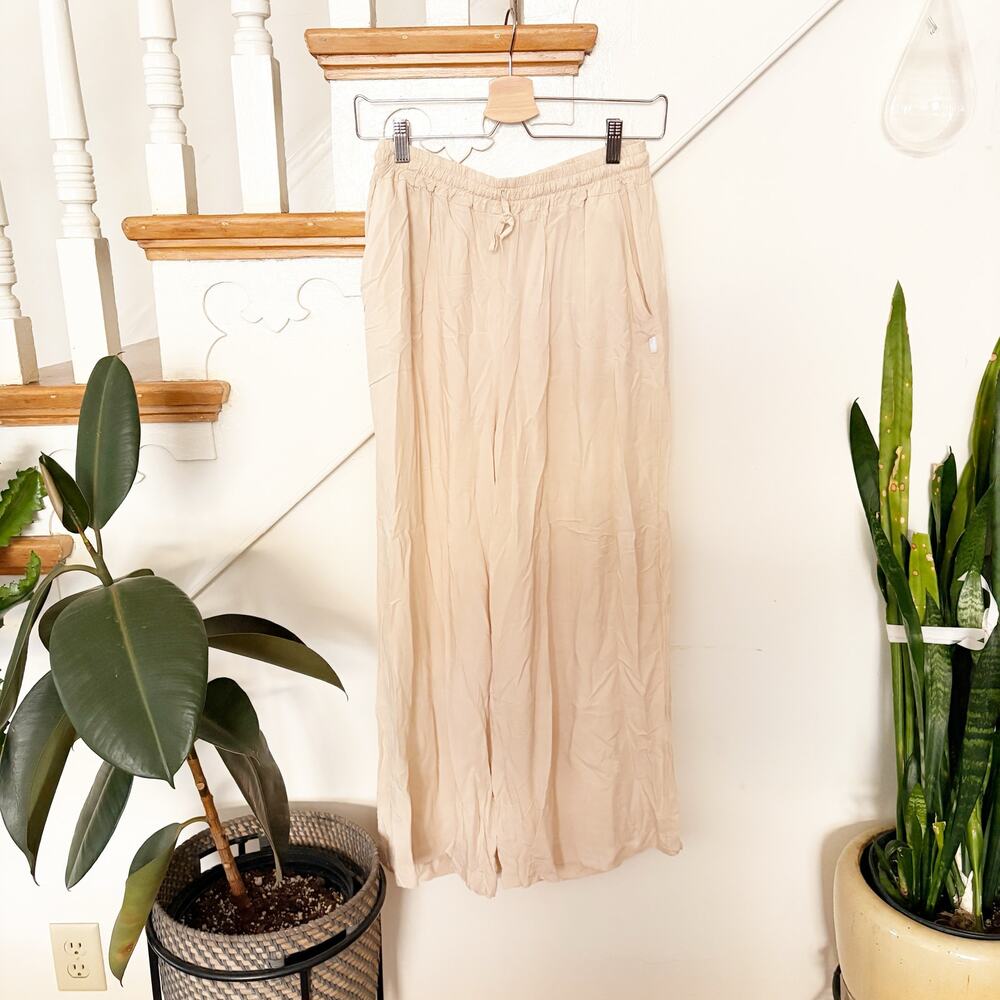 Amelie Beige Wide Leg Viscose Pants Elastic Waist Drawstring Made in Italy
